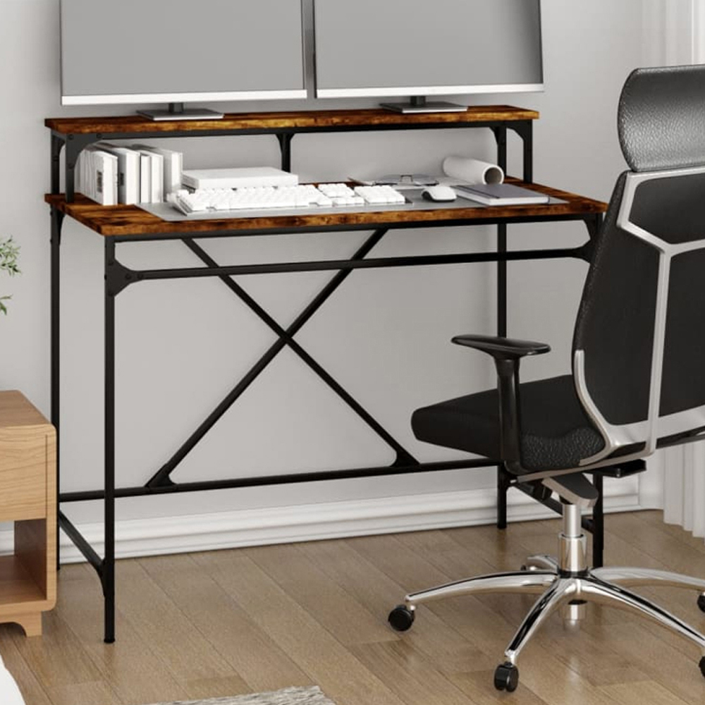vidaXL Single Shelf Industrial Style Computer Desk Smoked Oak Image 1