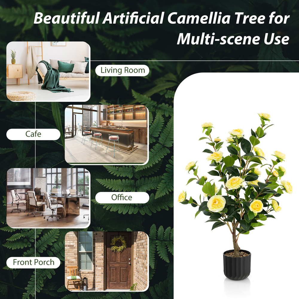 Costway Yellow Flowers Camellia Tree Artificial Plant In Pot 3.1ft 2 Pack Image 7