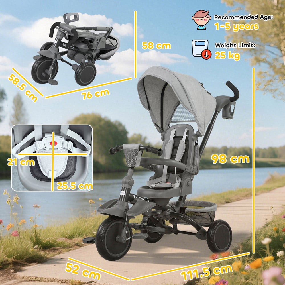 Tommy Toys 6-in-1 Toddler Grey 5 Point Harness Trike with Parent Handle Image 9