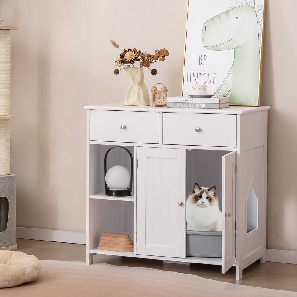 Costway 2 Door 2 Drawer White Hidden Cat Washroom Side Cabinet Image 2
