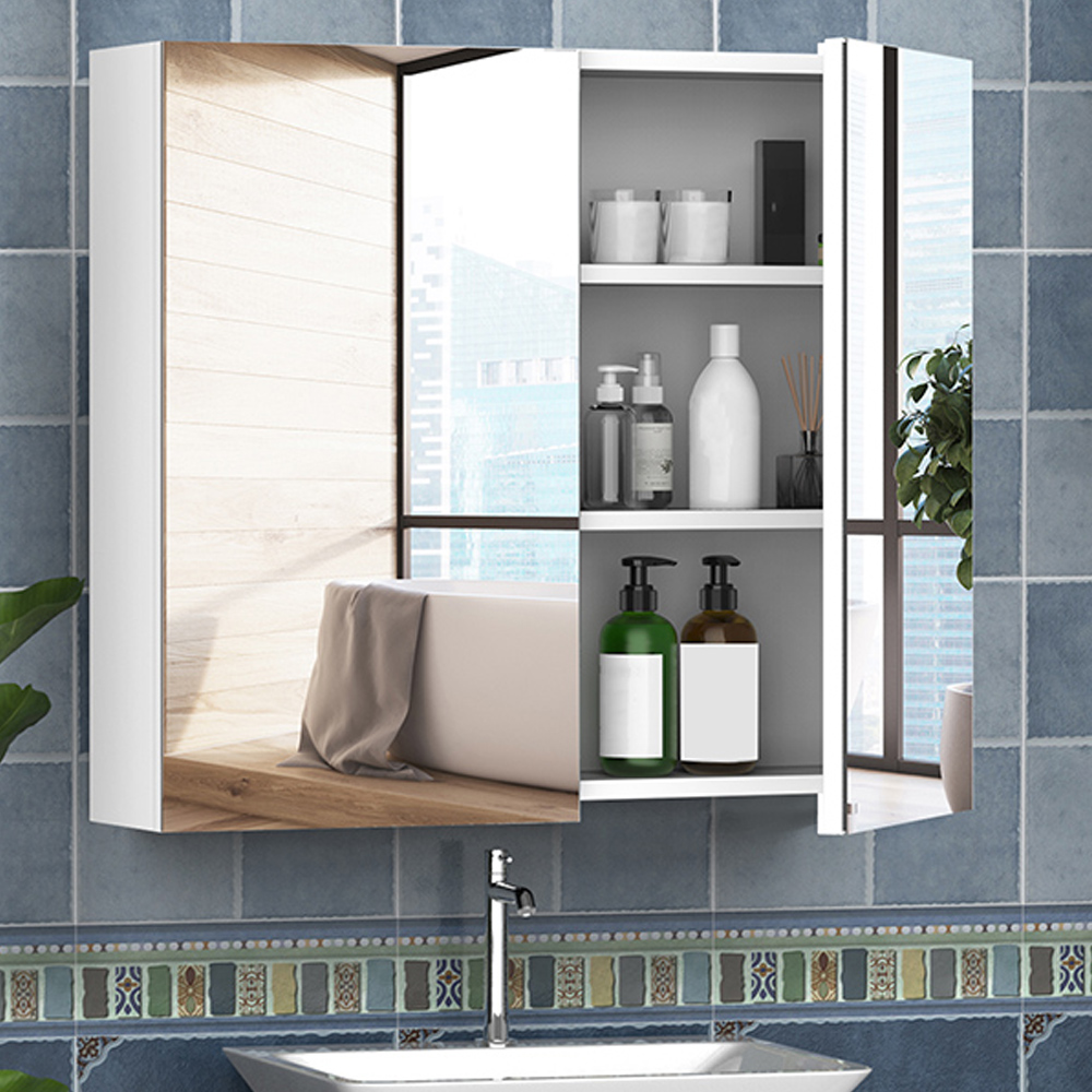 Portland White Wide Wall Mounted Mirror Bathroom Cabinet Image 1