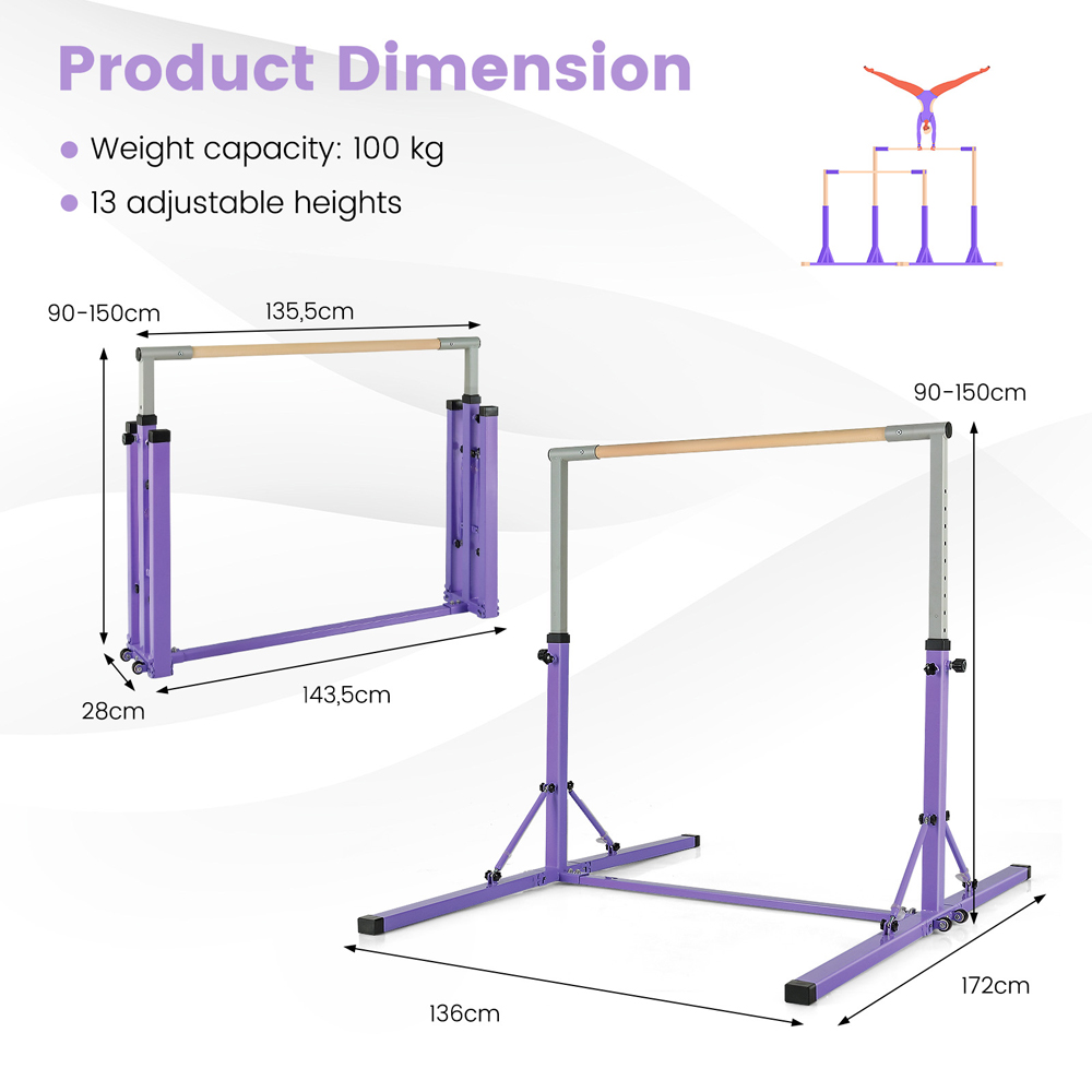 Costway Purple Kids Height Adjustable Foldable Gymnastics Bar Image 9
