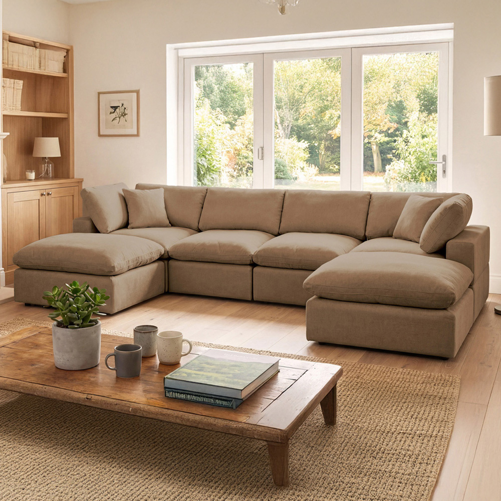 Artemis Home Cotleigh 6 Seater Light Brown Textured Fabric U-Shaped Corner Sofa Image 1