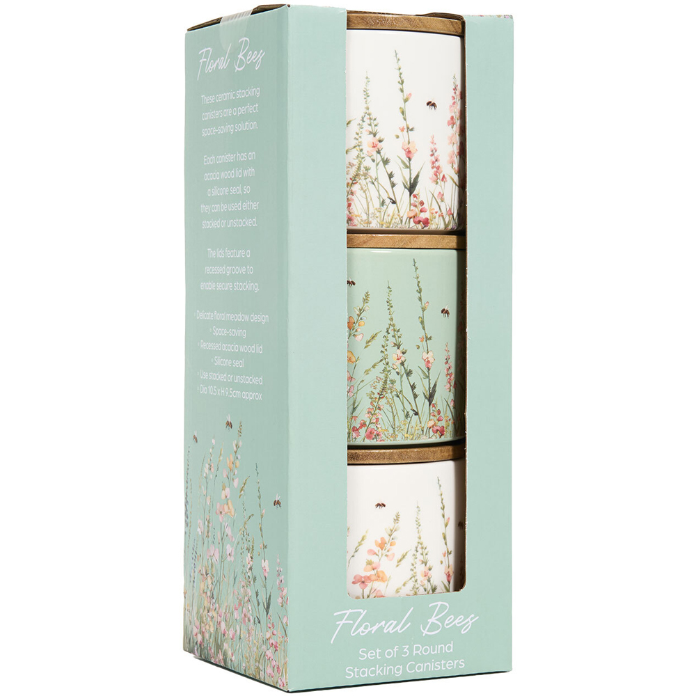 Set of 3 Floral Bees Stacking Canisters with Bamboo Lid Image 4