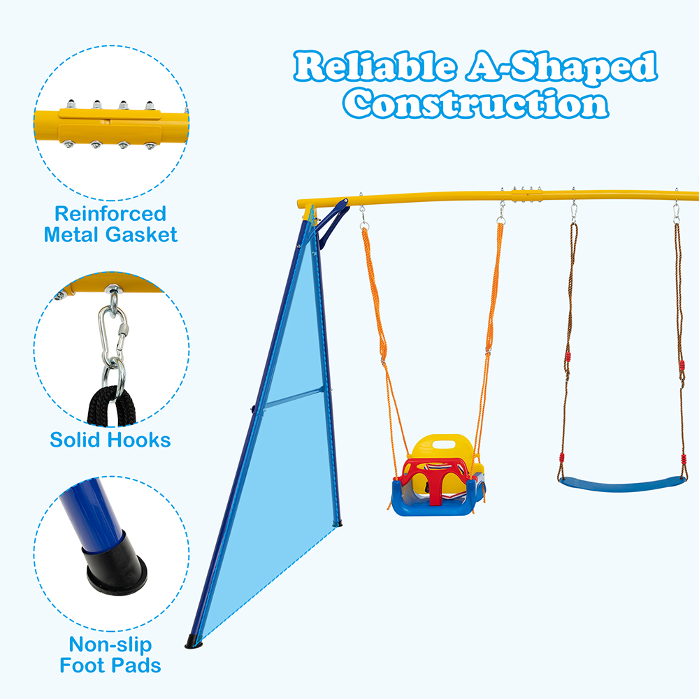 Costway Blue and Yellow Swing Set with Carbon Steel Swing Frame Image 7