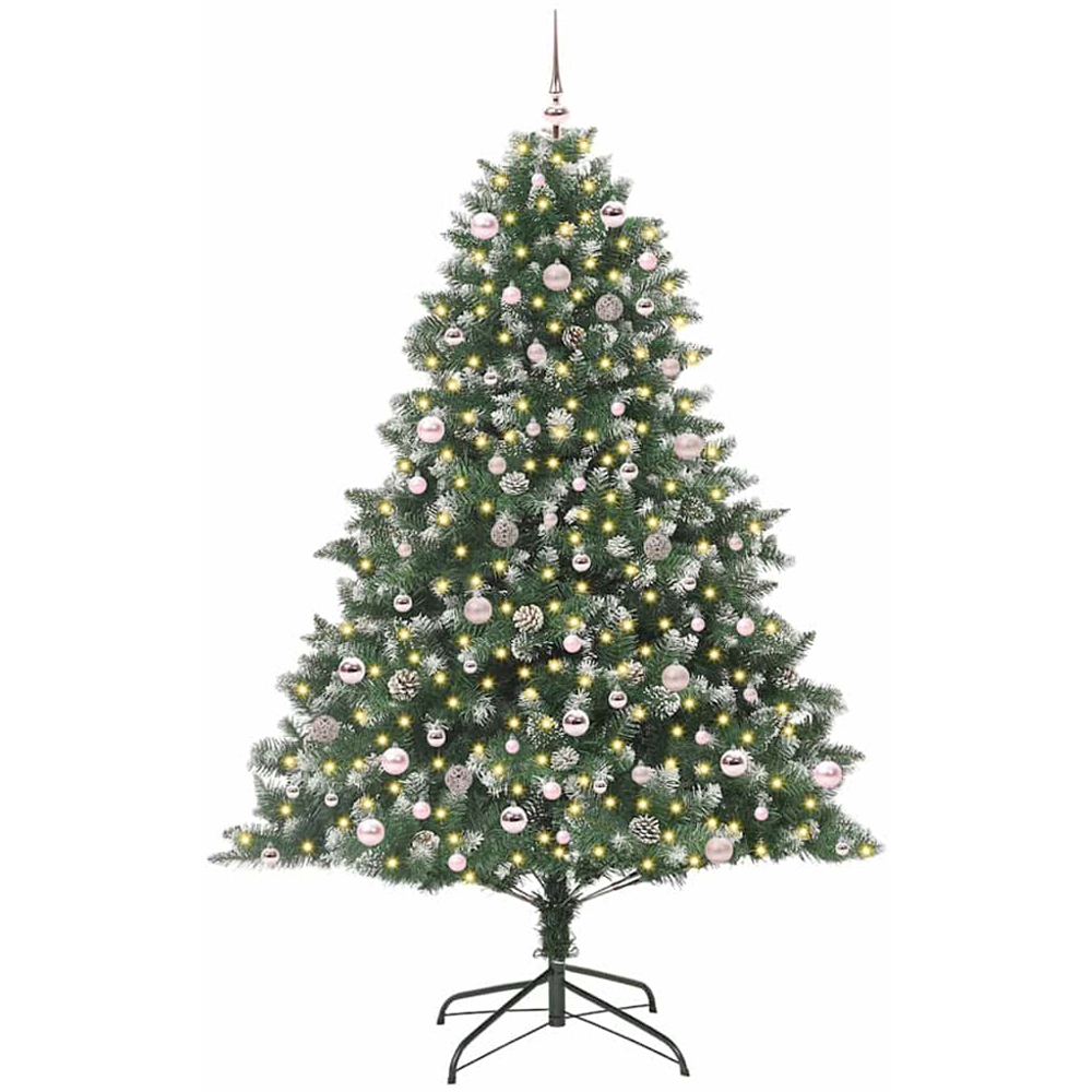 vidaXL Pre-Lit Pink Baubles Green Artificial Snow Tipped Christmas Tree 8ft Image 1