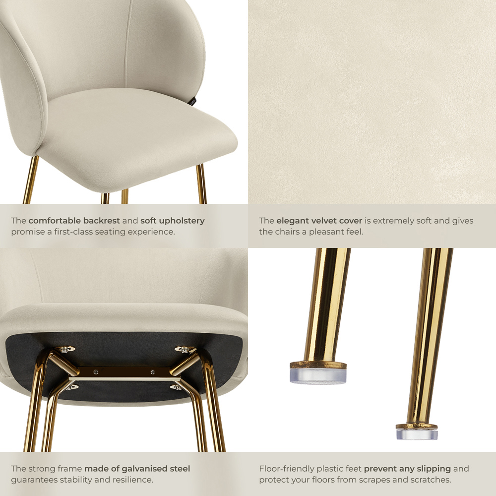 tectake Luana Cream and Gold Velvet Look Padded Bar Stool Set of 6 Image 5