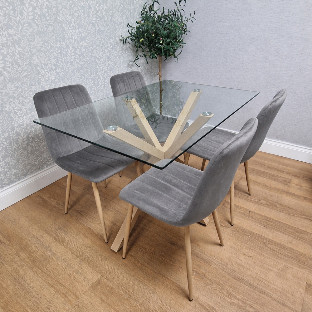 Kosy Koala 4 Seater Tempered Glass Velvet Dining Set Grey Image 5