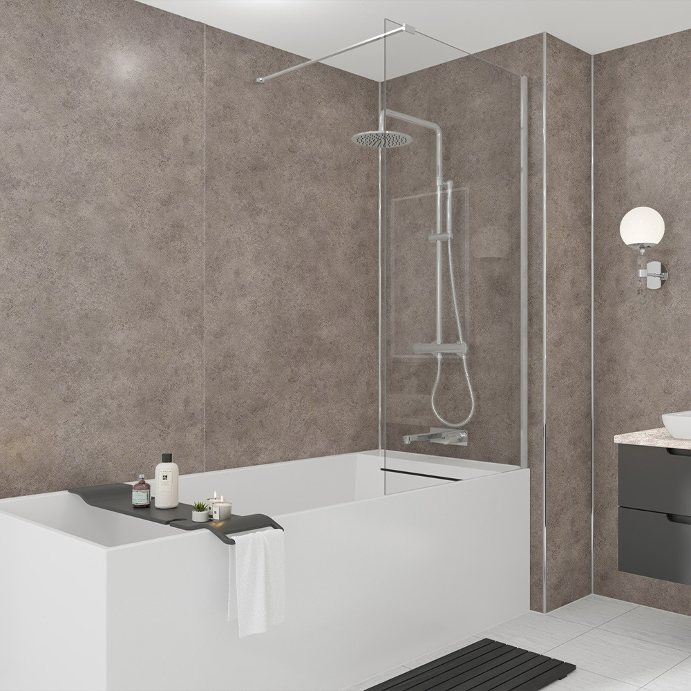 Wetwall Mermaid 2420 x 880mm Greige Stone Tongue and Groove Plywood Shower Wall Pane Image 1