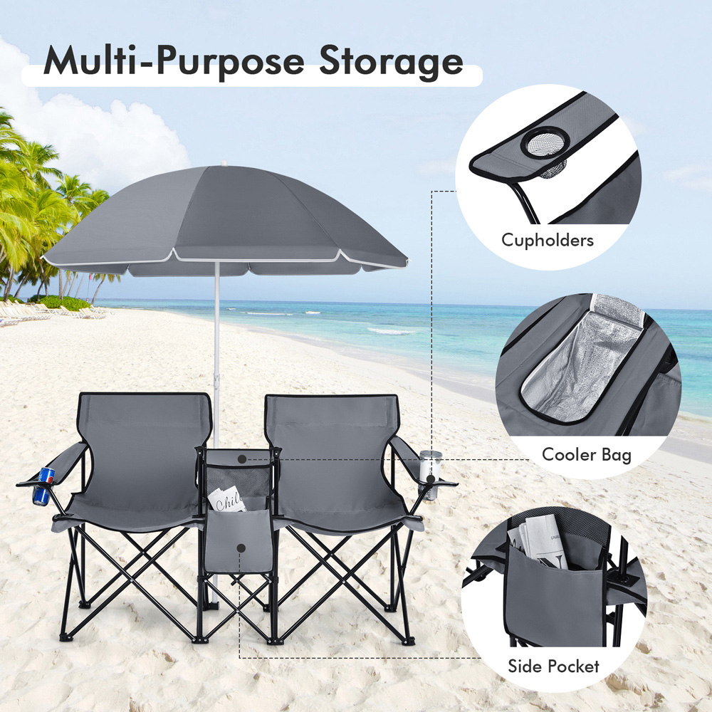 Costway Grey Double Portable Camping Chair with Umbrella and Ice Bag Image 6