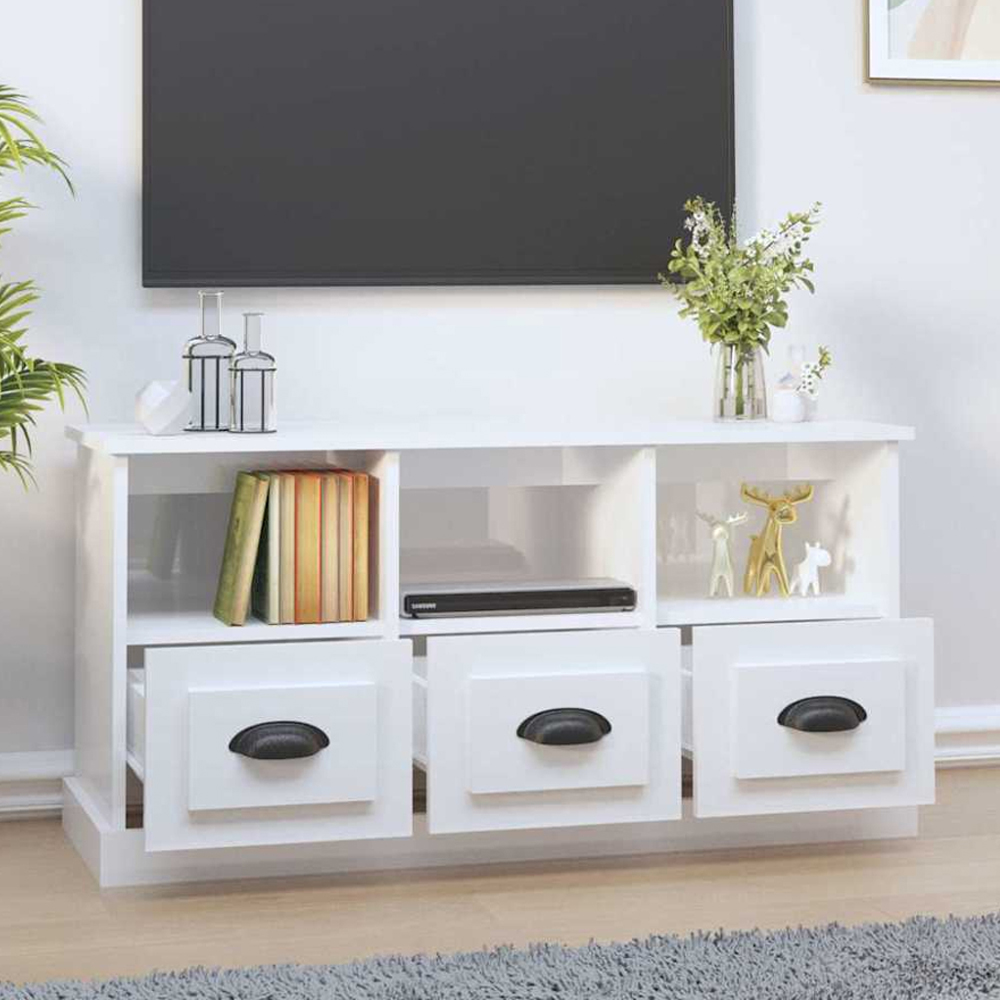 vidaXL 3 Drawer 3 Shelf High Gloss White TV Cabinet Image 1