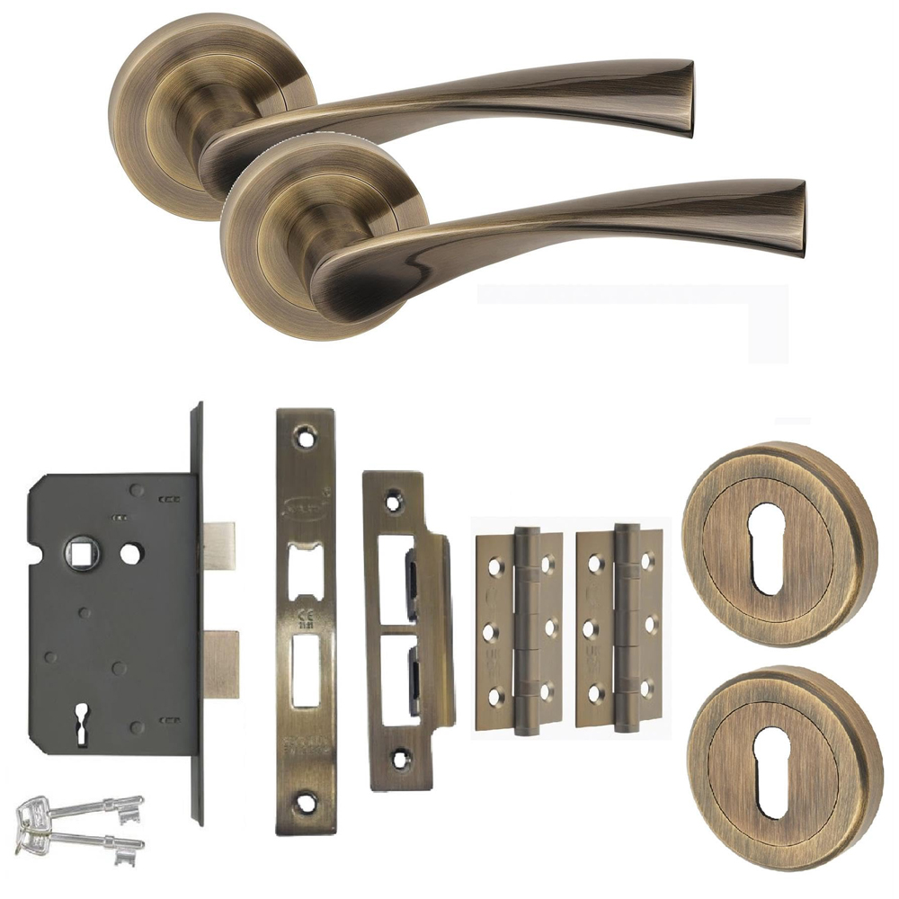Golden Grace Astrid Antique Brass Door Handles Hinges and Mortise Lock Set Image 1