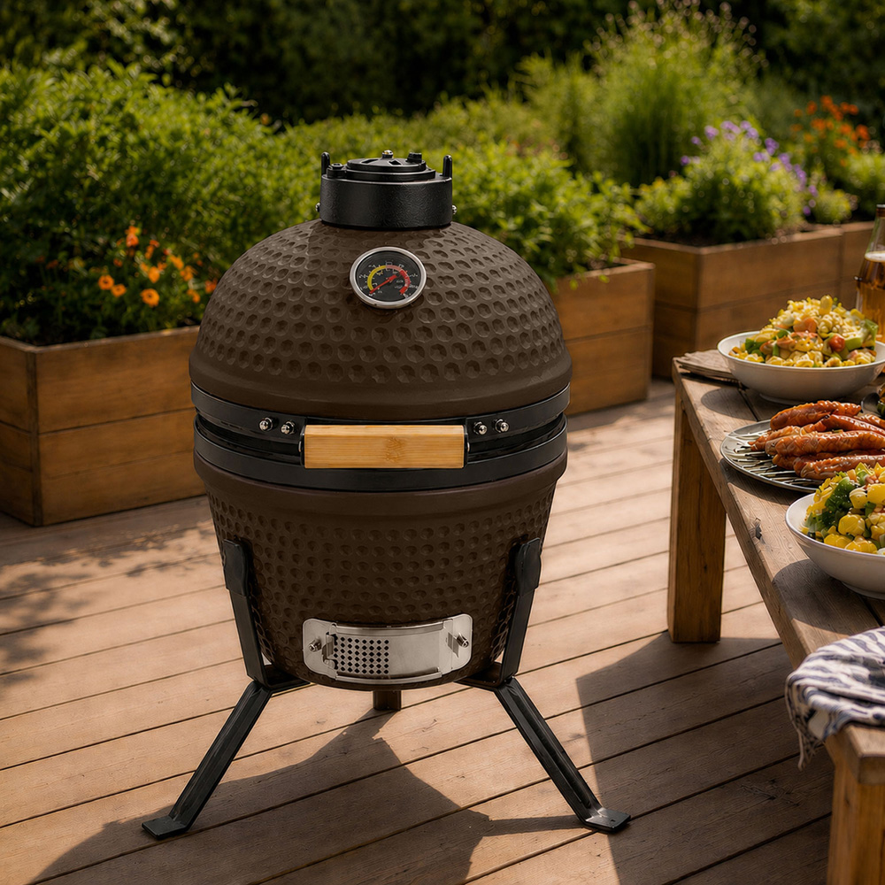 Neo Kamado Brown Portable Ceramic 13 inch Mini BBQ Grill Smoker with Stand Image 4
