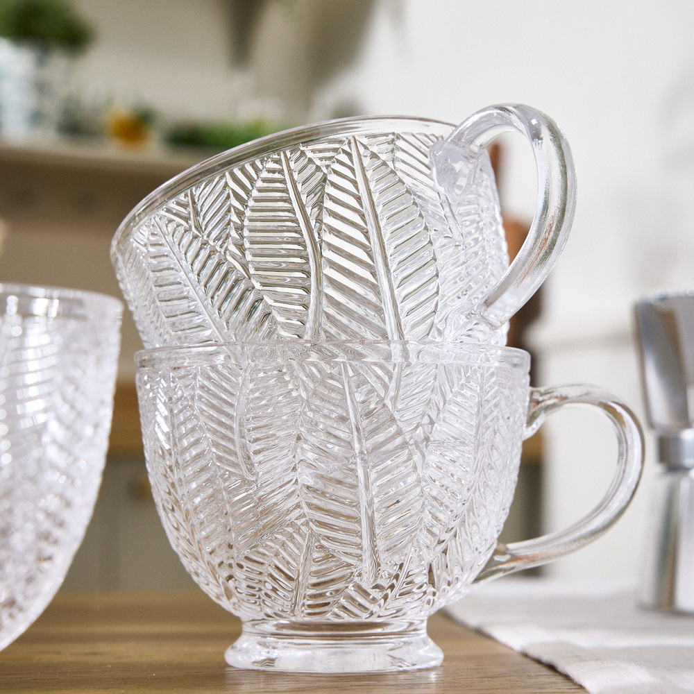 Dibor Feuille Embossed Botanical Design Glass Mug Set 4 Pack Image 3