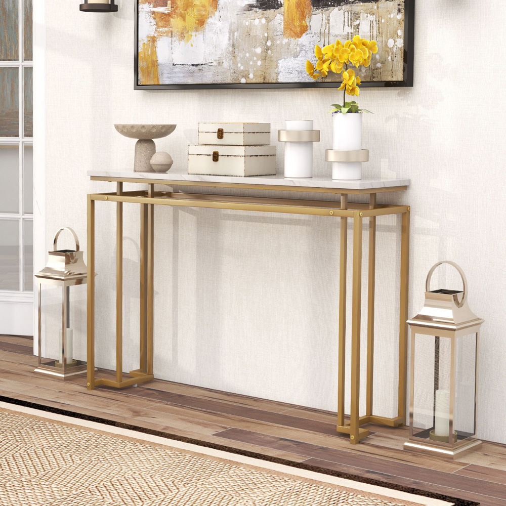 Costway Gold and White Faux Marble Console Table with Geometric Frame Image 3