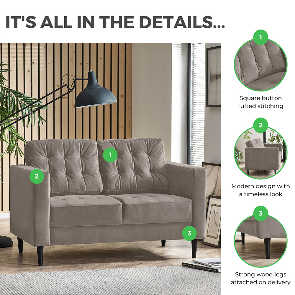 Furniturebox Josie 2 Seater Mink Light Grey Velvet Sofa Image 6