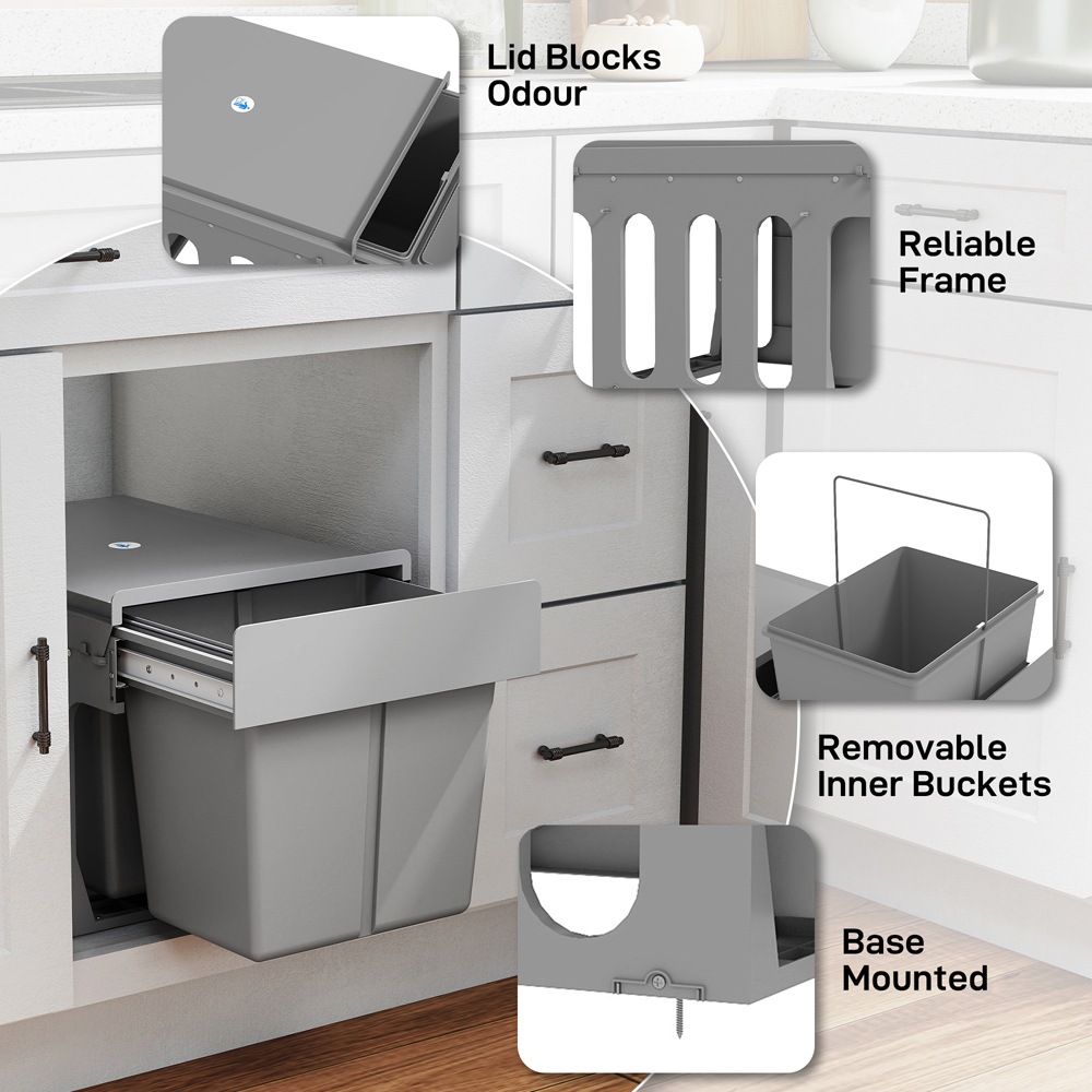 HOMCOM Light Grey Soft-Close Pull Out Double Under Sink Bin 30L Image 8