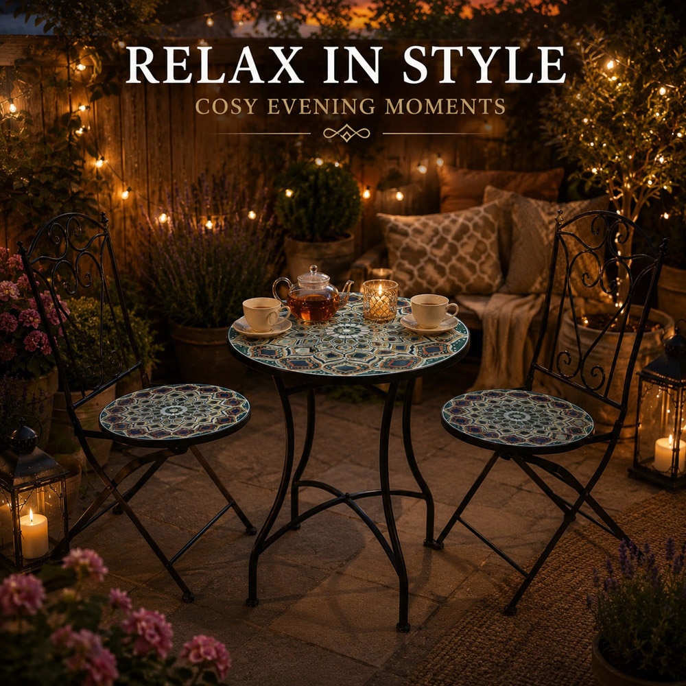Shatchi Casablanca 2 Seater Mosaic Ceramic Tile Top Foldable Bistro Set Image 8