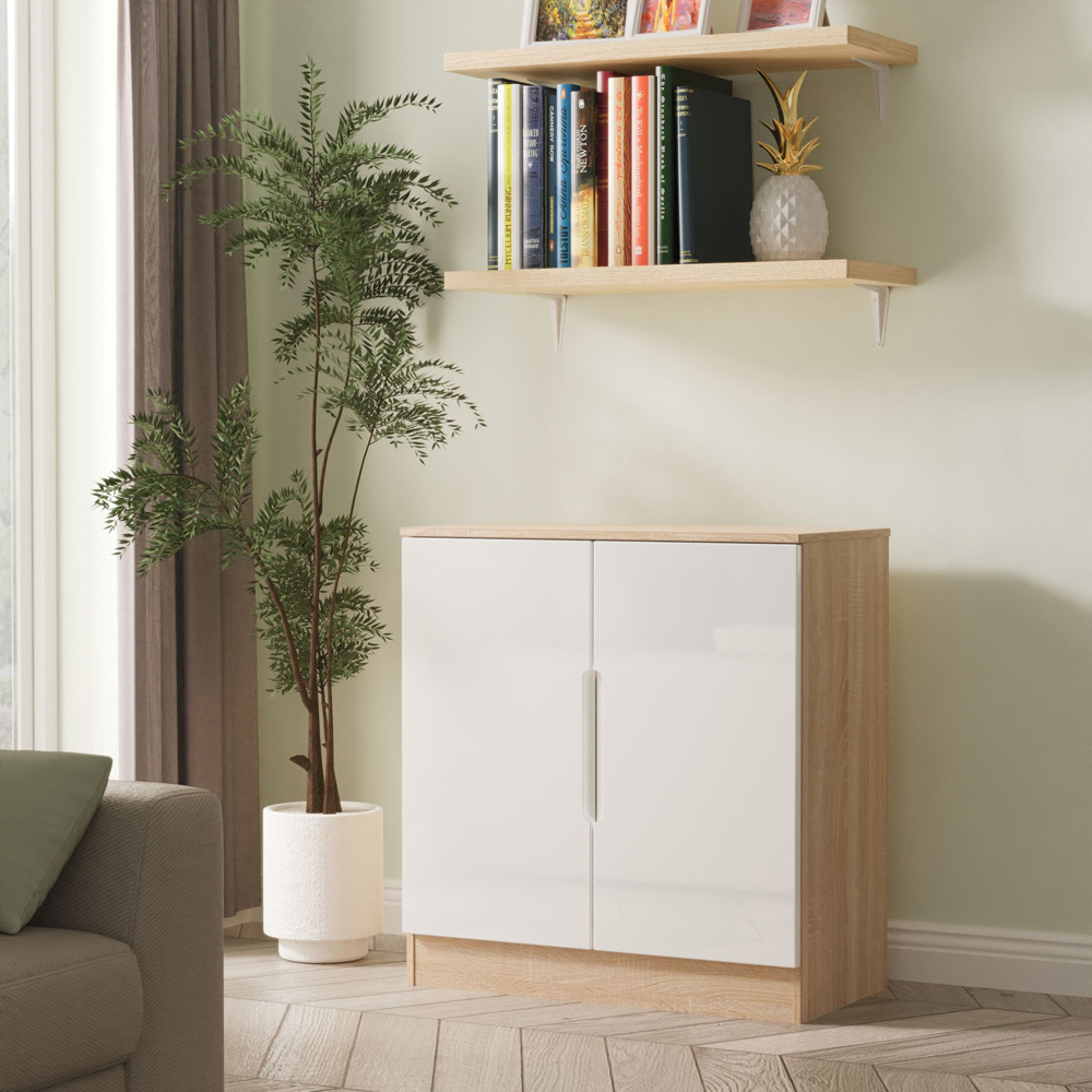 Crowndale Milan 2 Door White Gloss and Bardolino Oak Storage Cabinet Ready Assembled Image 8