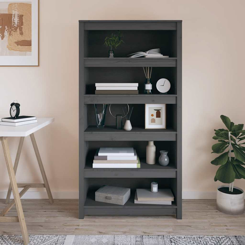 vidaXL 5 Shelf Grey Solid Pine Wood Bookcase Image 7