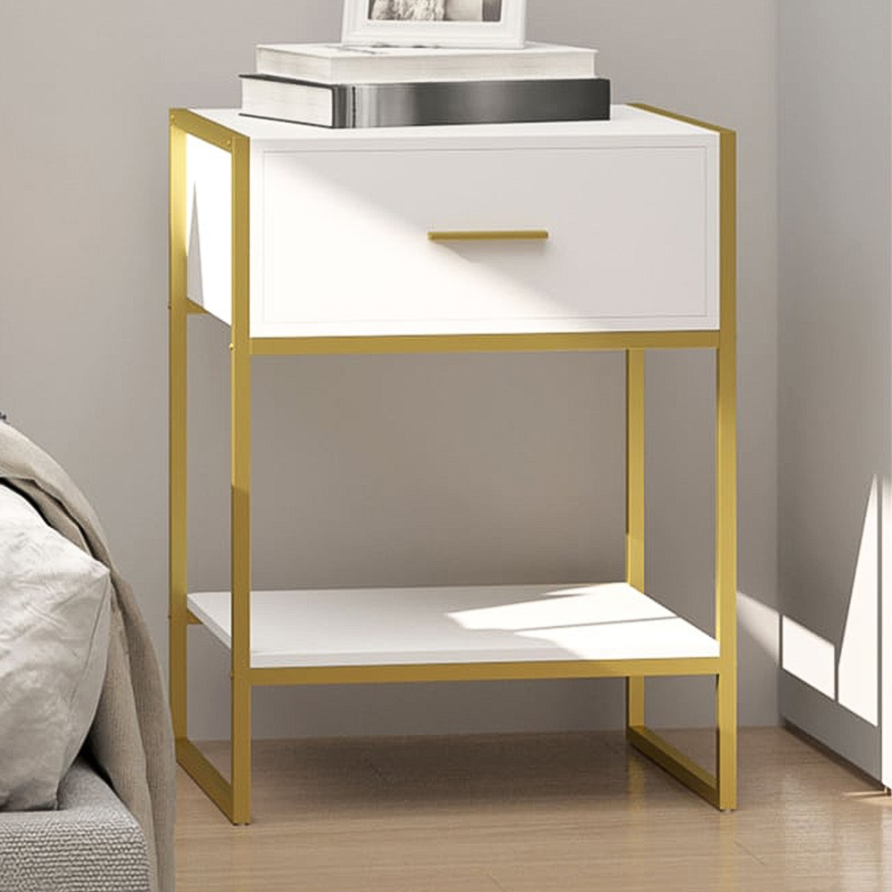 Portland Single Drawer and Shelf White and Gold Bedside Table Image 3