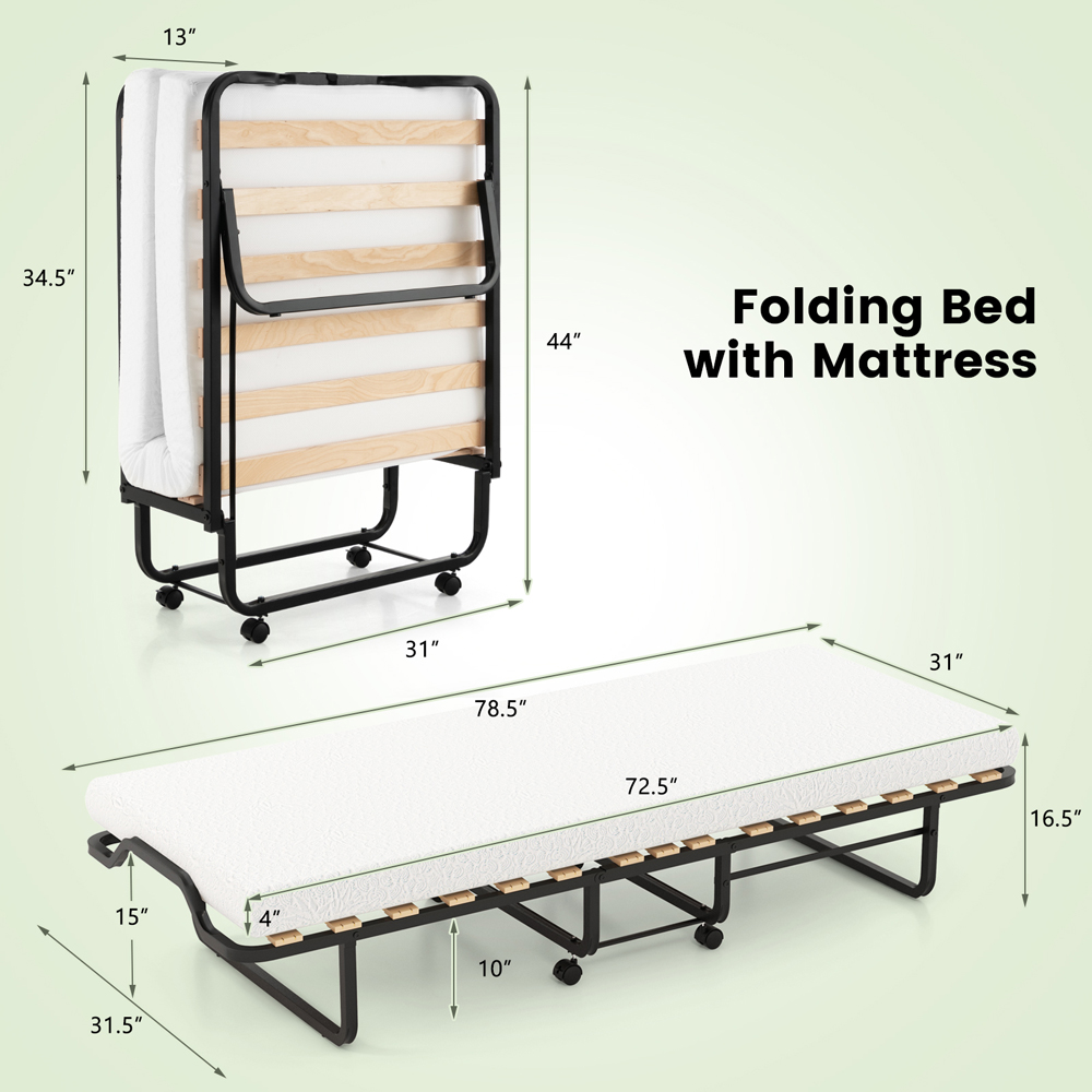 Costway Single Folding Bed with Mattress Image 9