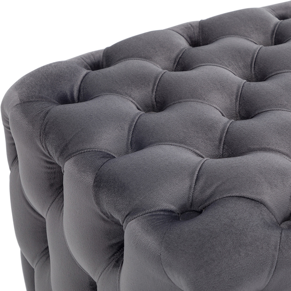 Living and Home Grey Square Velvet Upholstered Buttoned Footstool with Buckle Design Image 4