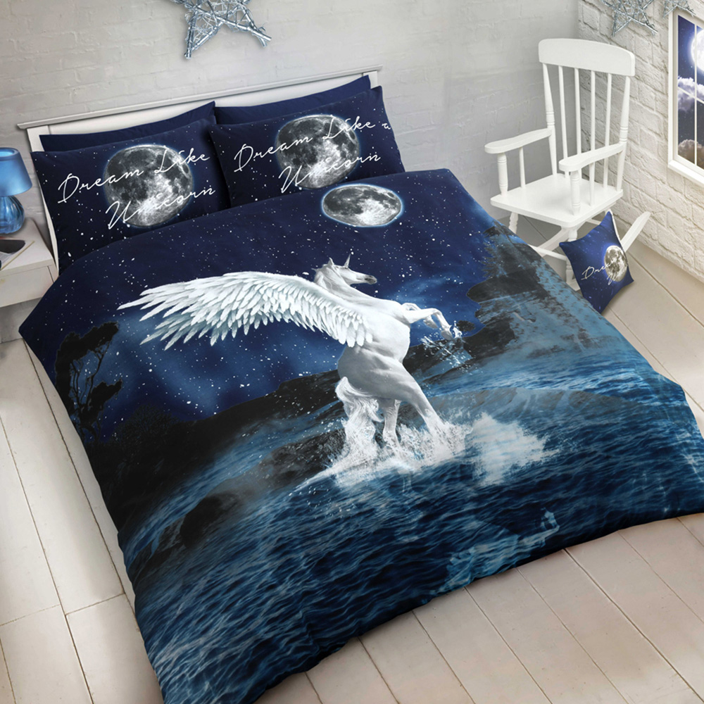 Velosso King Size Blue and White Dream Like A Unicorn Duvet Cover Set Image 1