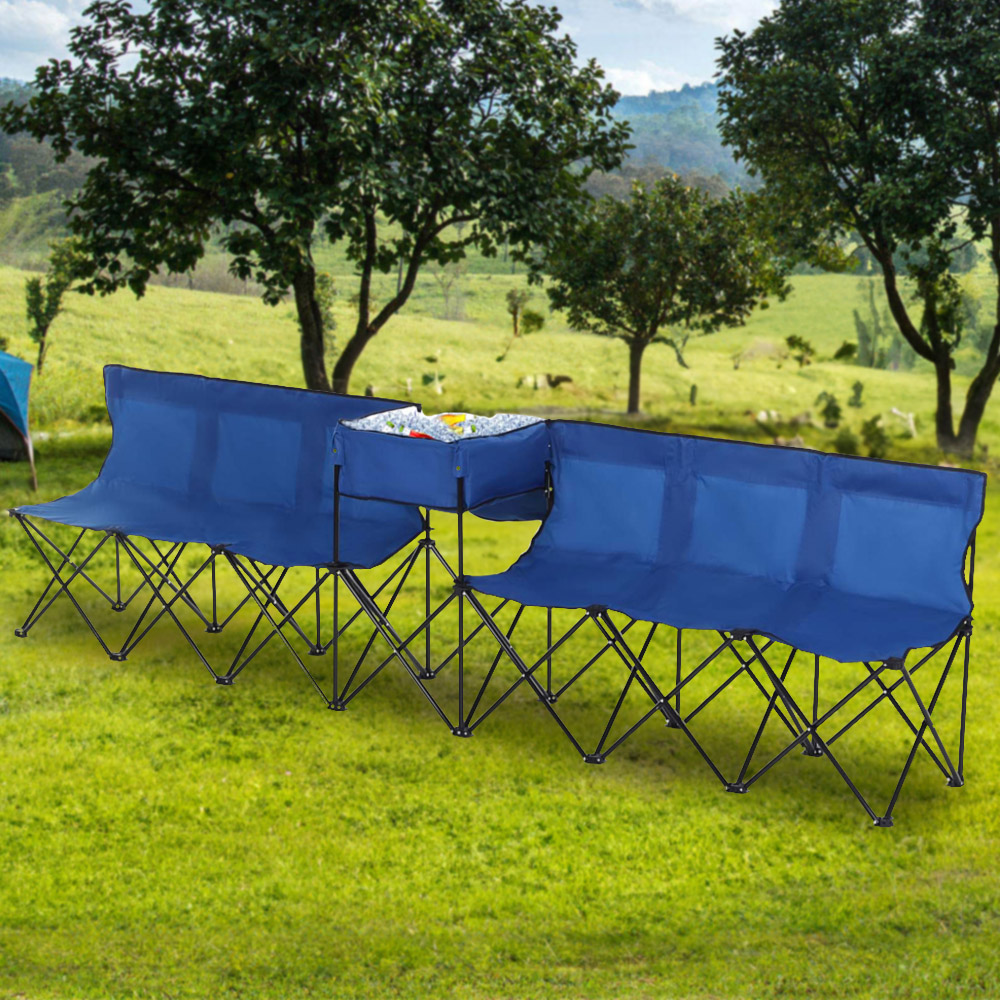 Outsunny 6 Seater Blue Folding Steel Camping Bench with Cooler Bag Image 2