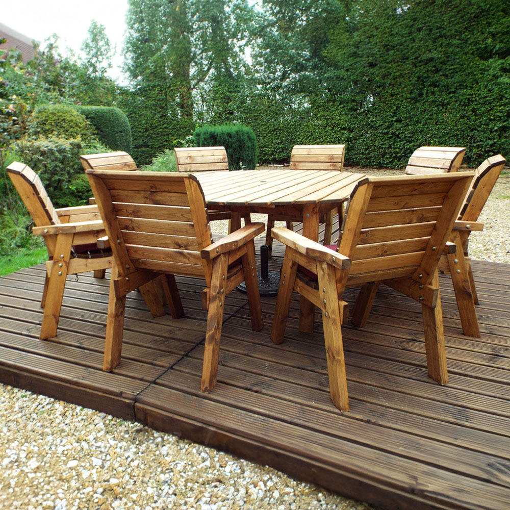 Charles Taylor Solid Wood 8 Seater Round Outdoor Dining Set with Red Cushions Image 1