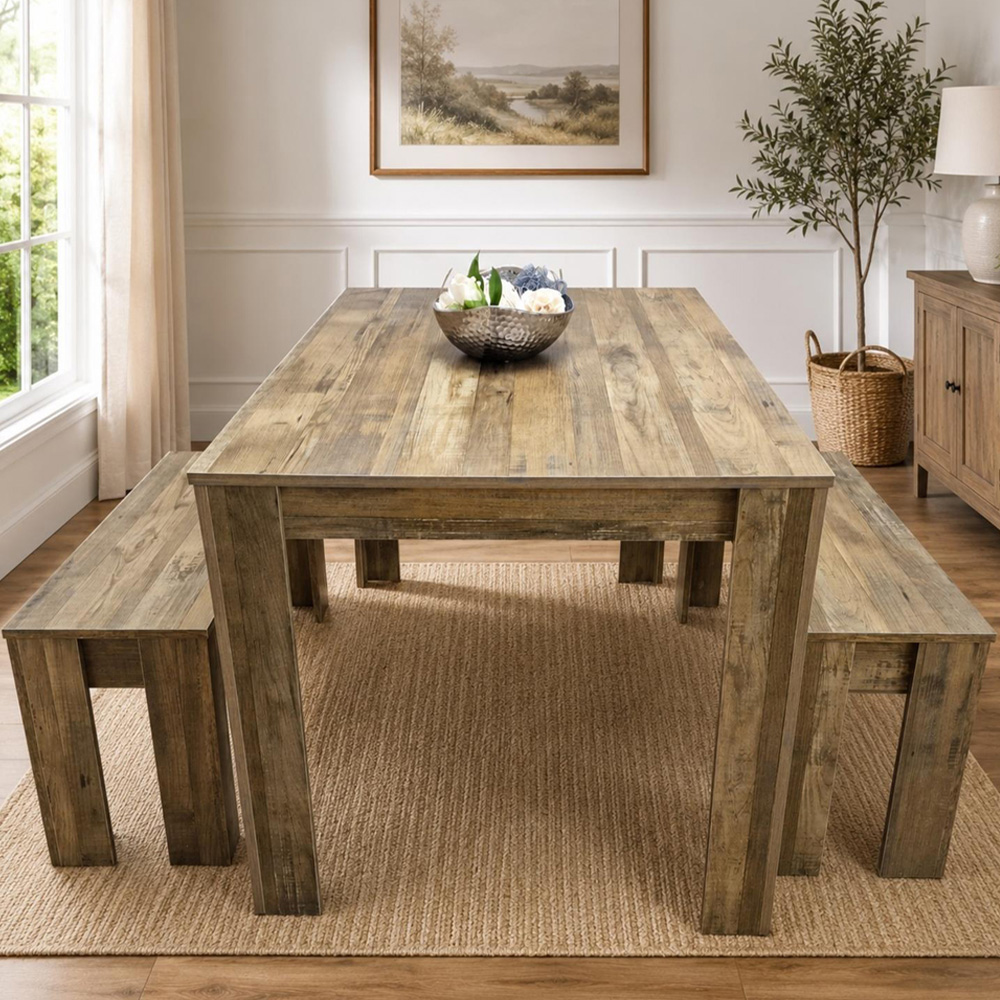 Portland 4 Seater Rustic Effect Dining Table Set with Benches Image 1