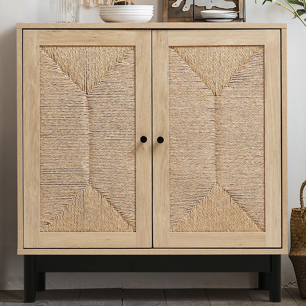 Living and Home 2 Woven Door Rustic Wooden Sideboard Image 1