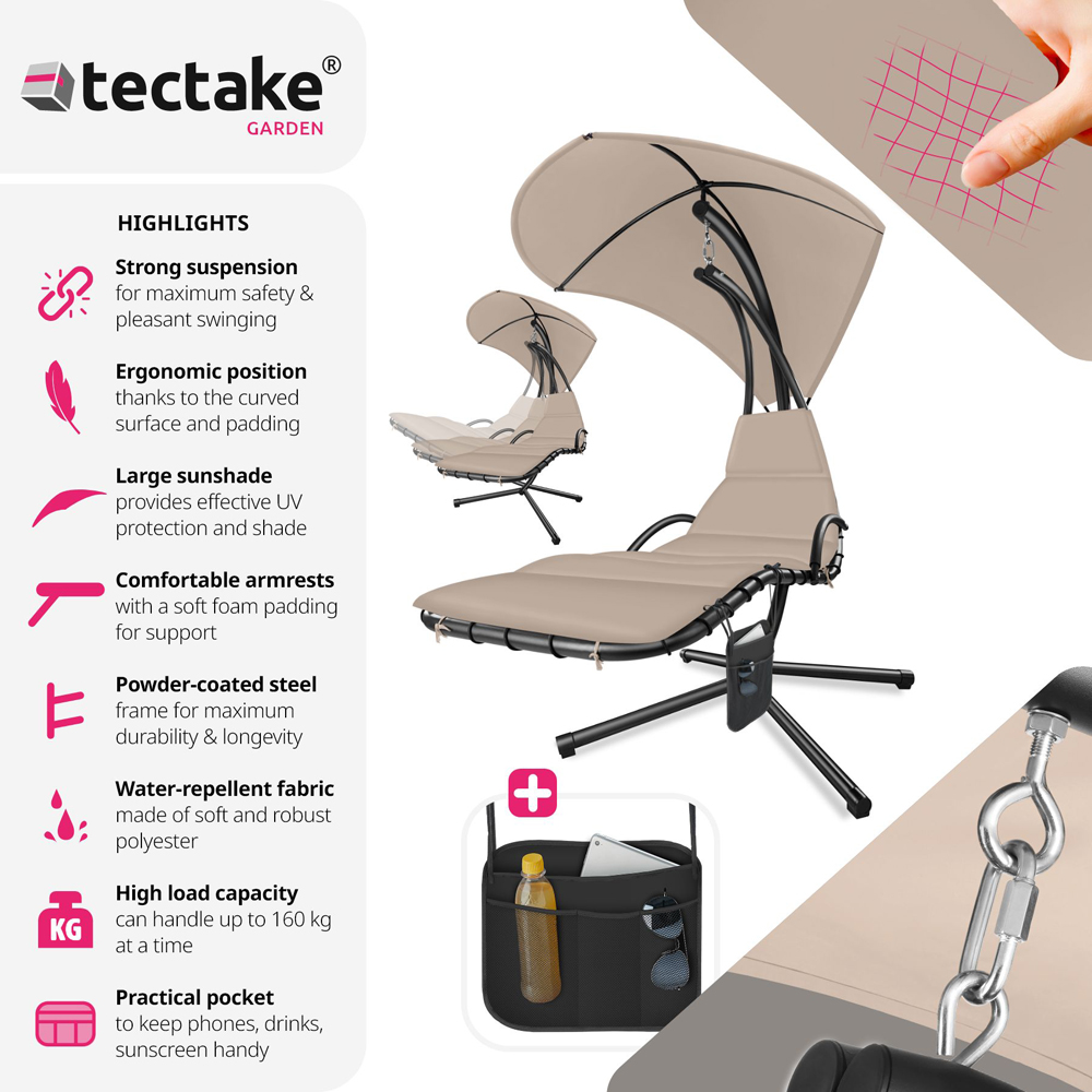 tectake Elaria Beige Large UV Protection Sun Canopy Hanging Chair Image 6