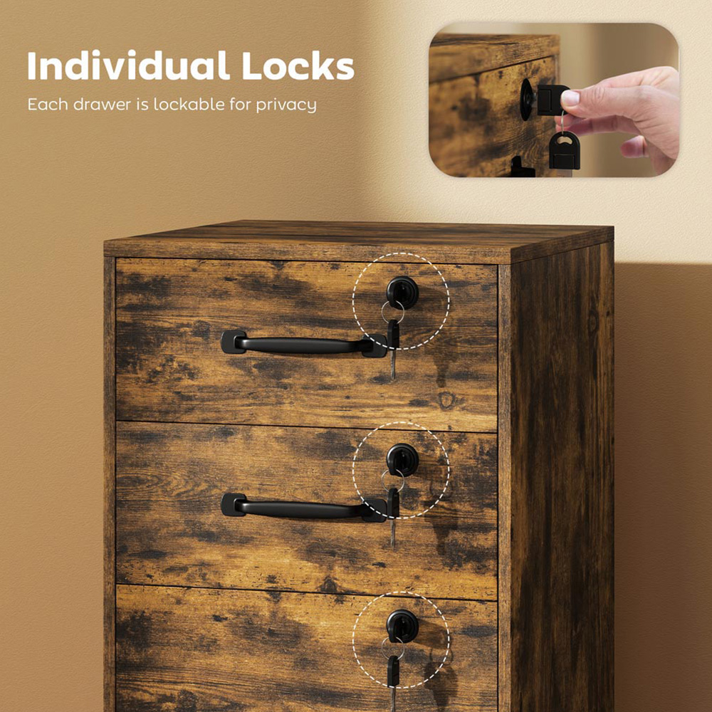 Portland 3 Drawer Brown Mobile Lockable Filing Cabinet with Keys Image 5