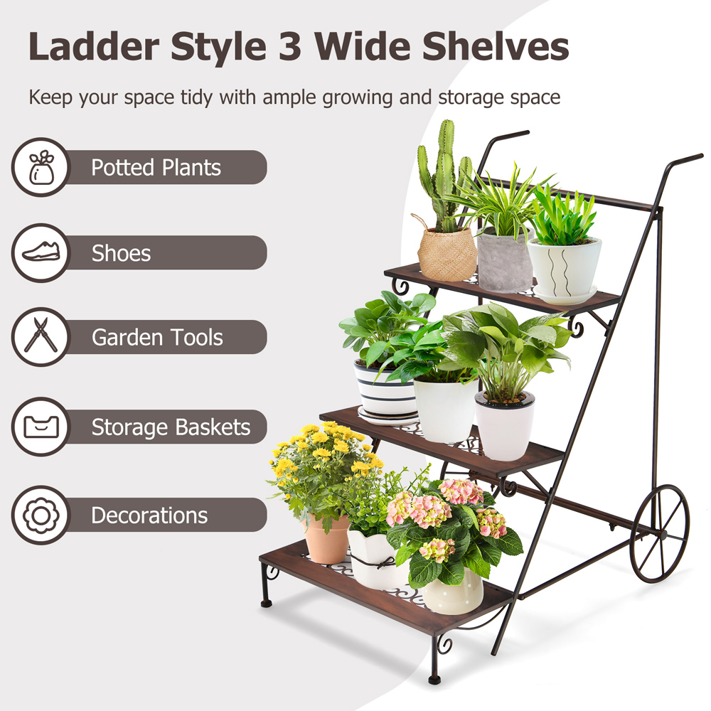 Costway 3 Tier Ladder Shaped Metal Plant Stand with Wheels and Handle Image 4