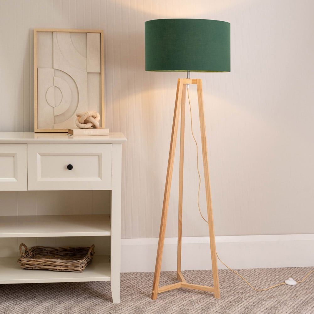 ValueLights Lottie Green Fabric Drum Shade Natural Wood Tripod LED Floor Lamp Image 2