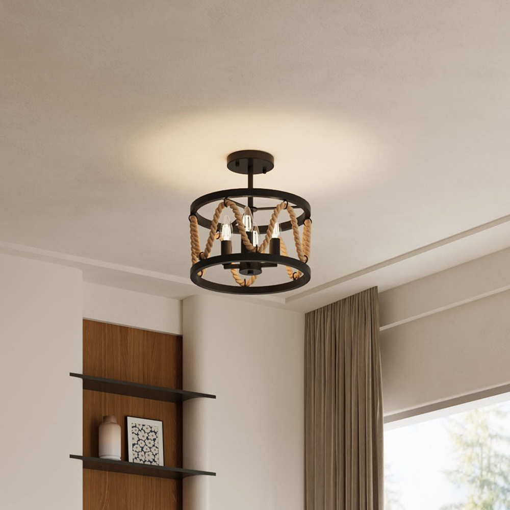 Living and Home 4 Light Black Metal and Hemp Rope E14 Ceiling Light Image 2