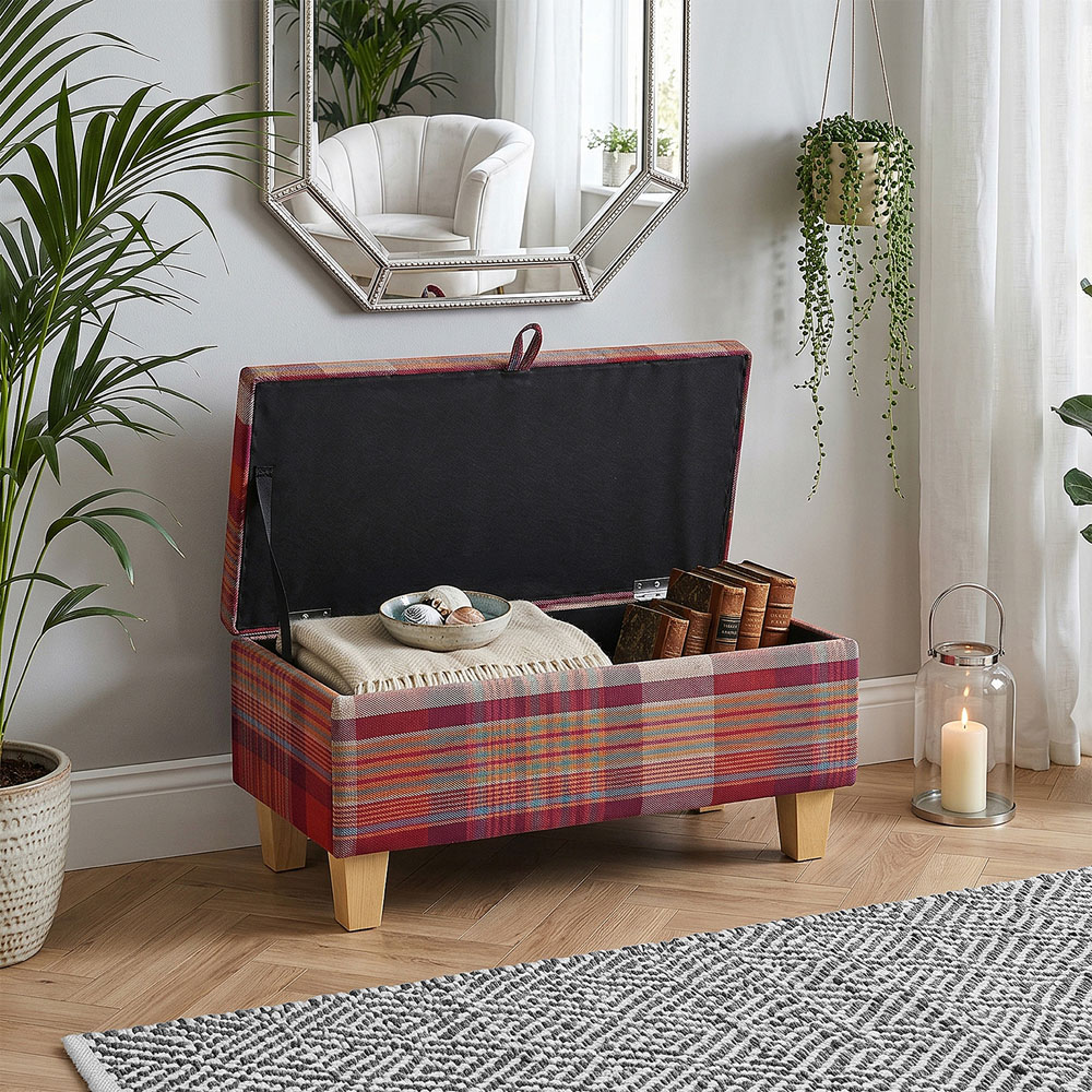 Living and Home Red Tartan Linen Storage Ottoman Bench Image 7