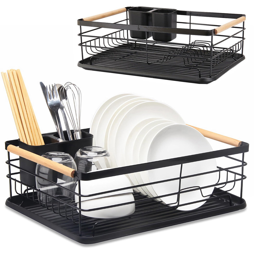 ATEK Black Wooden Handle Dish Drying Rack with Drain Tray and Cutlery Holder Image 2