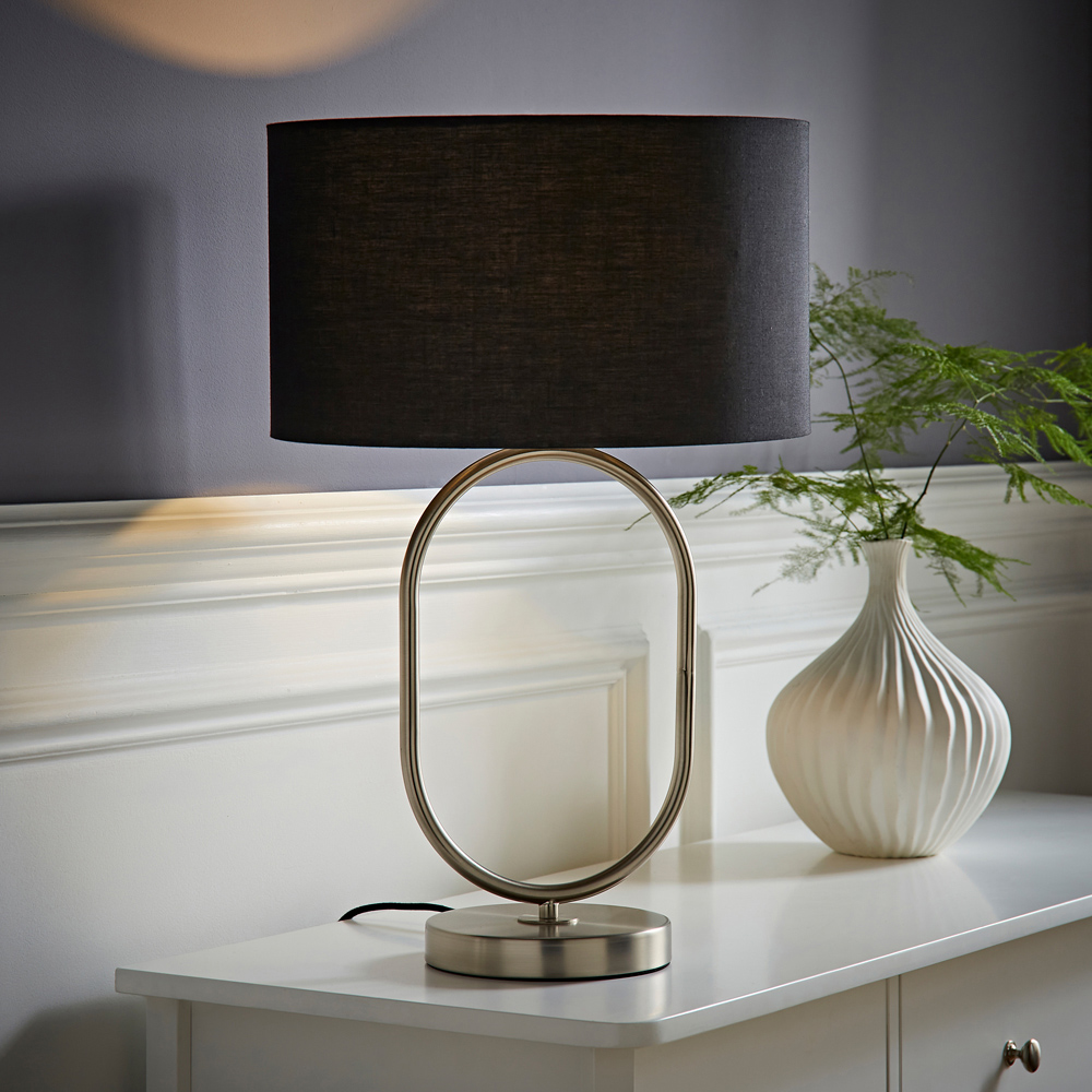 ValueLights Antonia Black Fabric Drum Lamp Shade Brushed Chrome Oval LED Table Lamp Image 2
