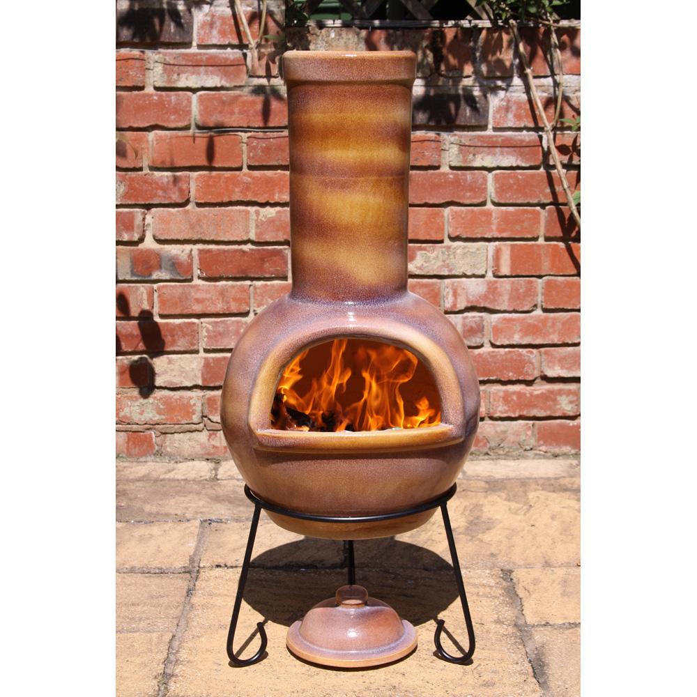 Gardeco Sempra Large Glazed Caramel Chimalin AFC Chimenea with Lid and Stand Image 2
