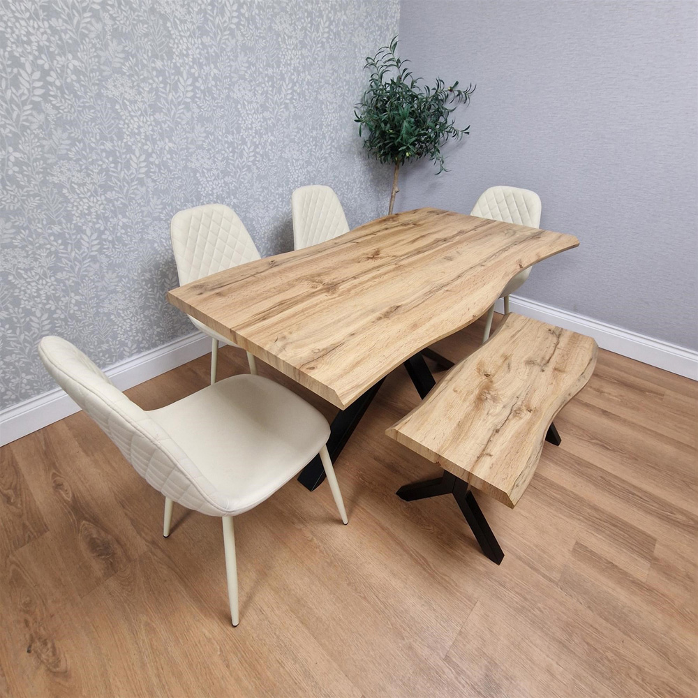 Portland 6 Seater Gem Pattern Wooden Tabletop Dining Bench Set Cream Image 8