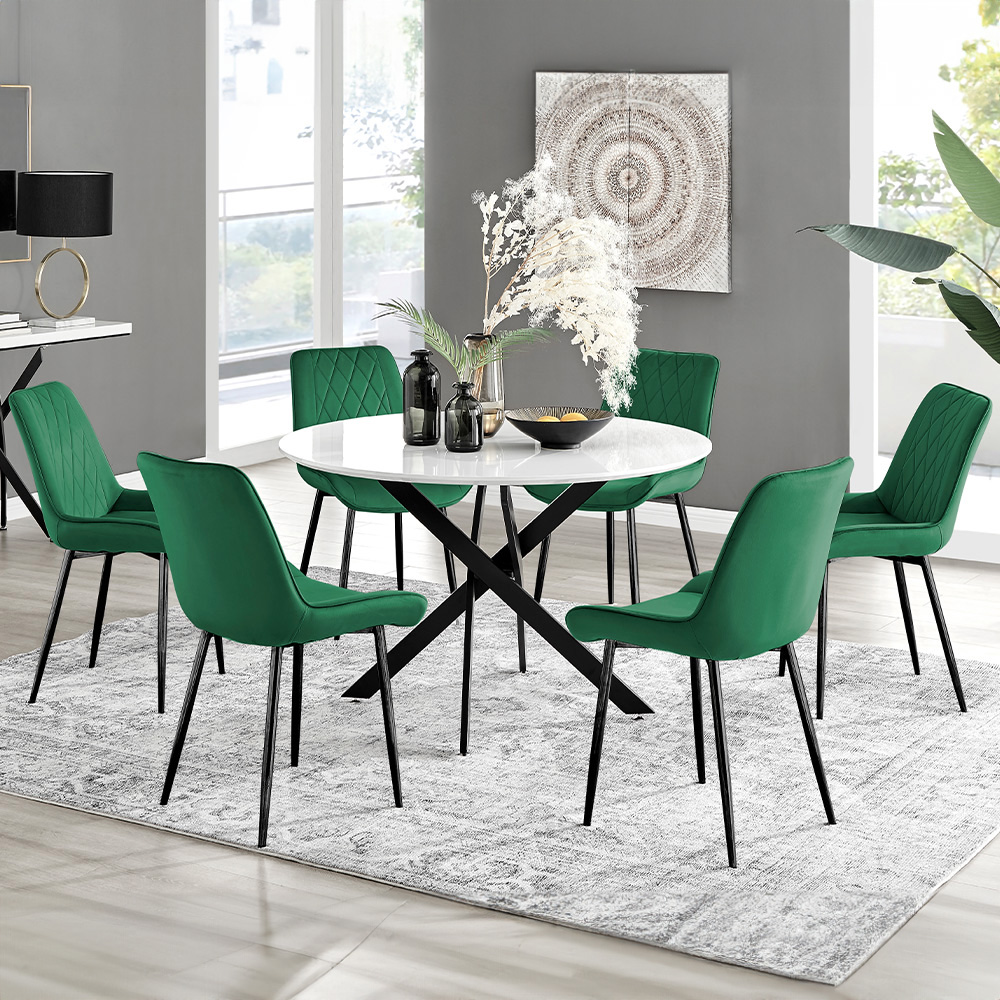 Furniturebox Arona Cesano 6 Seater Round Dining Set White Gloss Black and Green Image 1