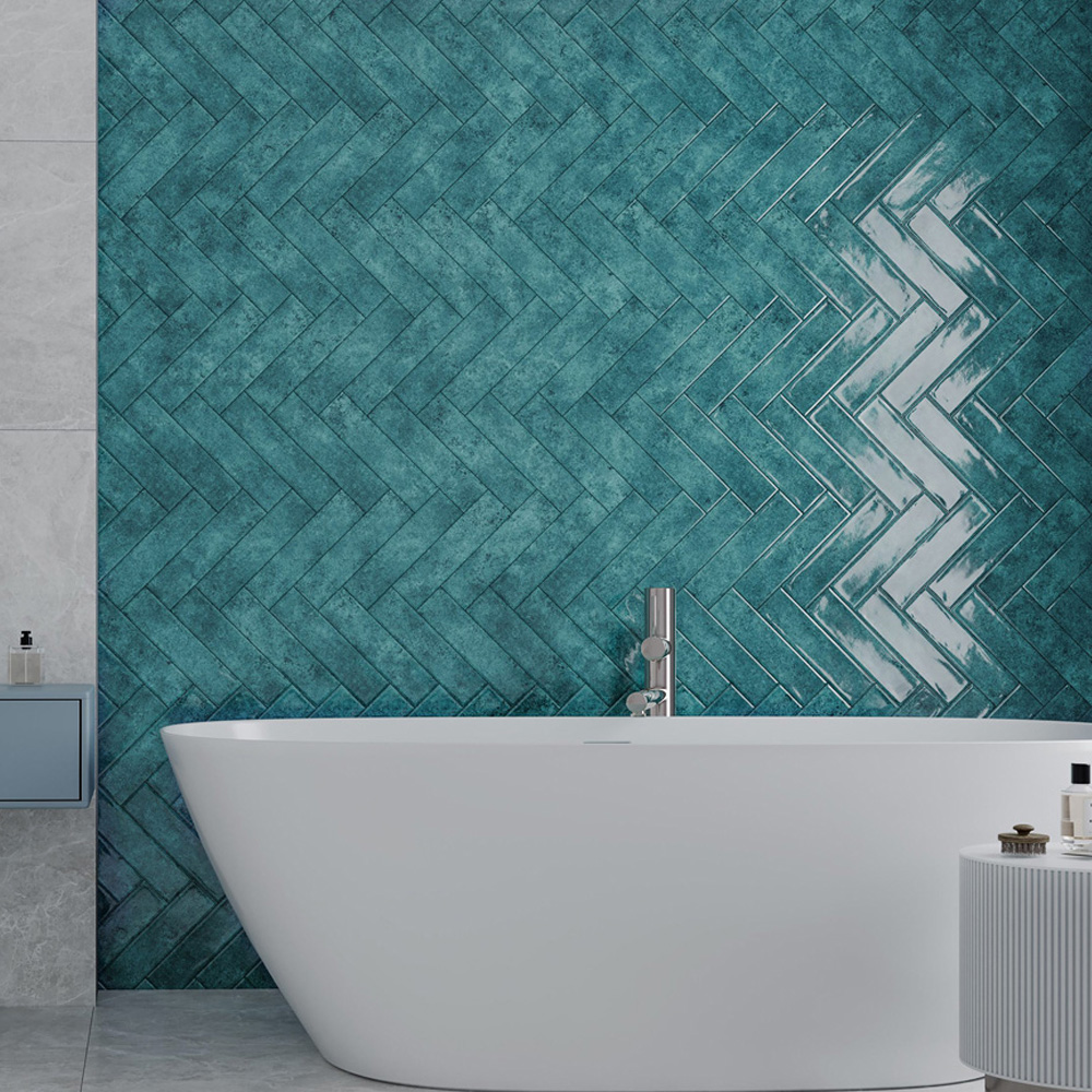 Top Ceramics Blue Gloss Flat Bumpy Metro Ceramic Wall Tile 300 x 75mm Image 1