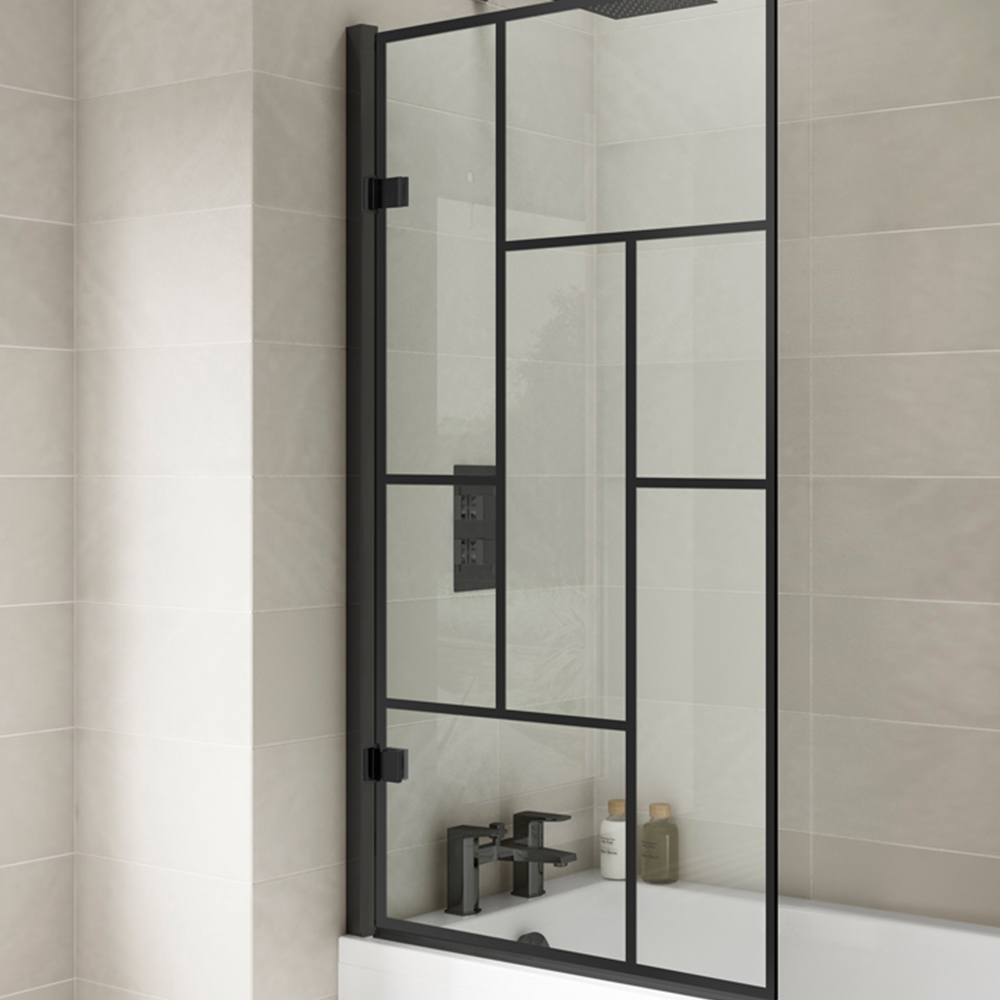 nuie Matt Black Abstract Square Shower Bath Screen 830mm Image 3