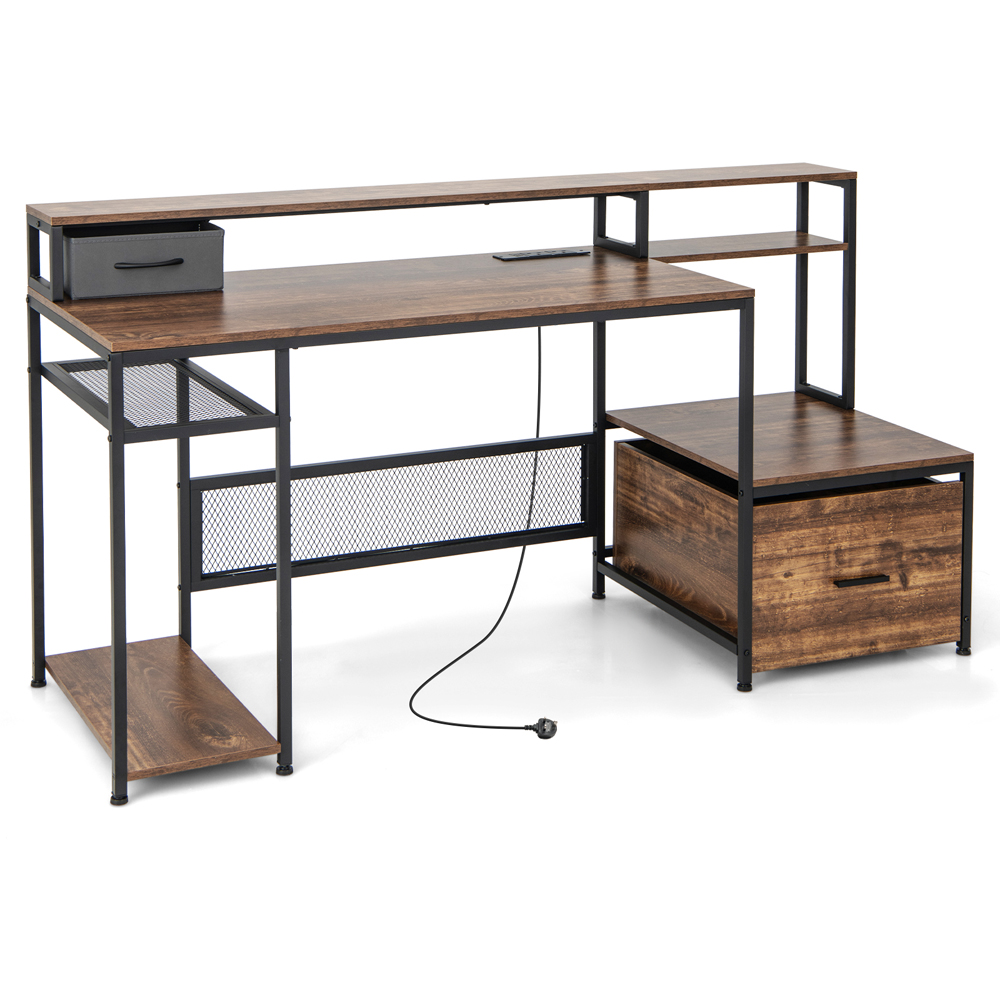 Costway 5 Shelf Single Drawer Computer Desk Rustic Brown Image 2