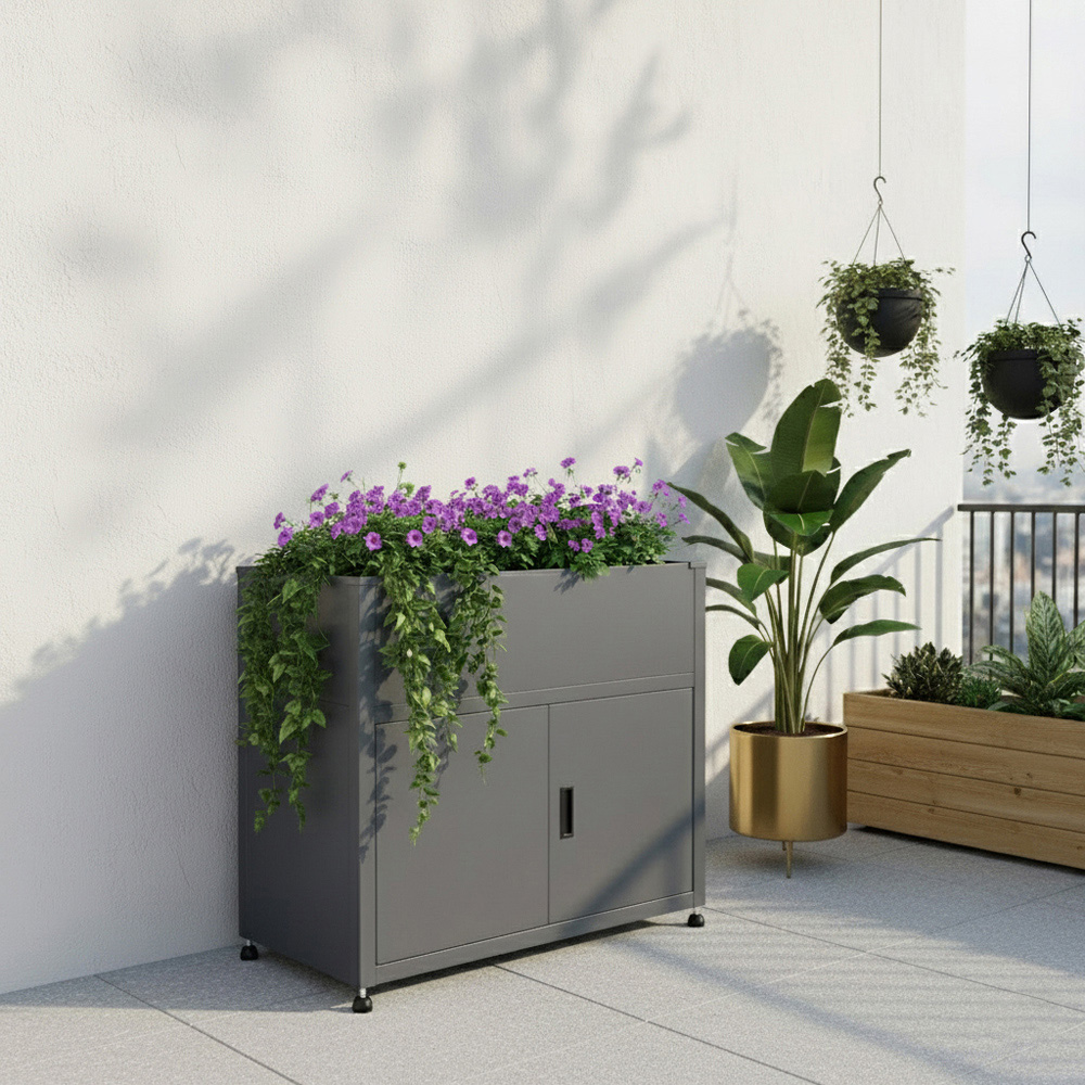 Trimetals 2.7 x 3.2ft Anthracite Raised Planter with Storage Cupboard Image 2