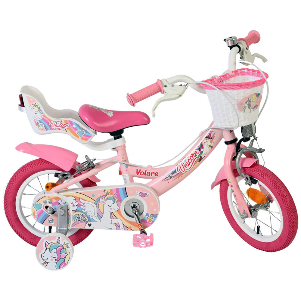 Volare Unicorn Kids 12 inch Pink Bike with Stabilisers Doll Seat and Basket Image 4