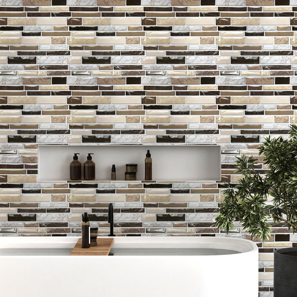 Walplus Brown Stone Glossy Mosaic Peel and Stick Backsplash 3D Tile Stickers 20 Pack Image 1