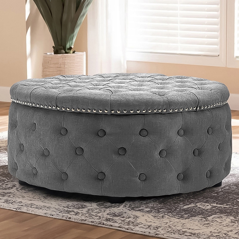 Living and Home Light Grey Linen Round Buttoned Ottoman with Studded Edge Image 1